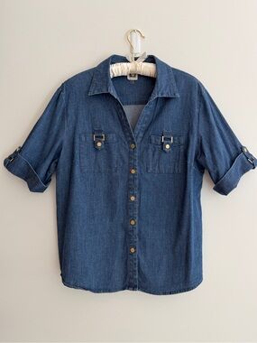 ANNE KLEIN Denim Short Sleeve Button Front Shirt V Neck Western Classic Chic
